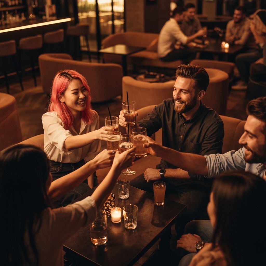 Happy friends meeting at a modern bar, building friendships through DATE-INN